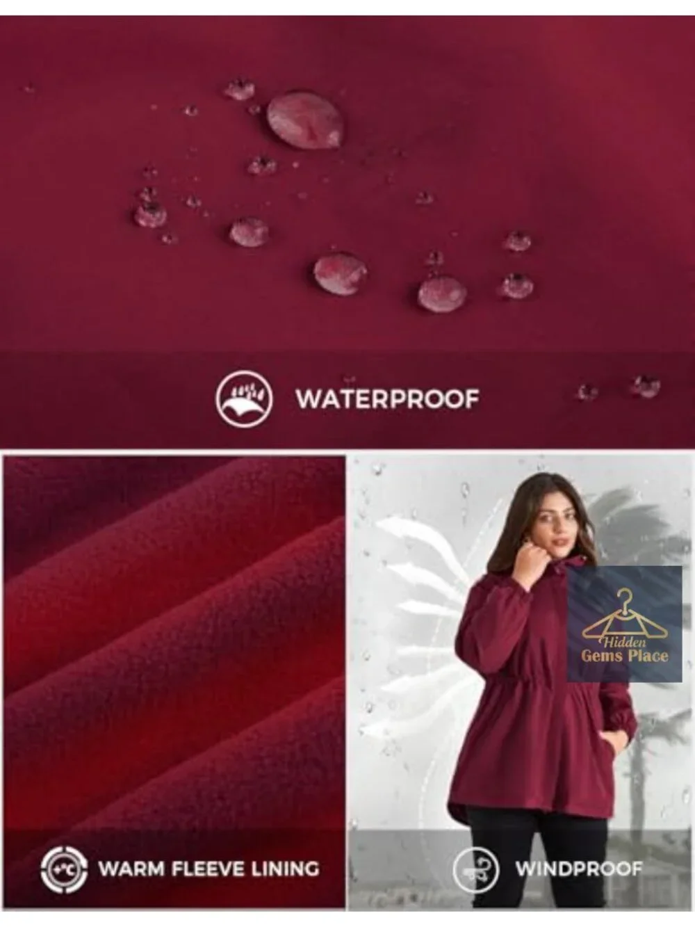 Plus Size Waterproof Fleece Lined Rain Jacket with Hood